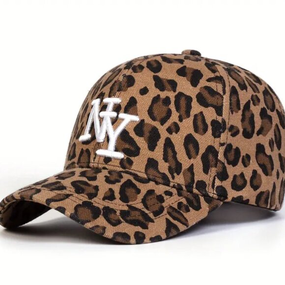 NWOT Women's NY Leopard Print Baseball Cap - Adjustable, Embroidered - Brown - Picture 1 of 2